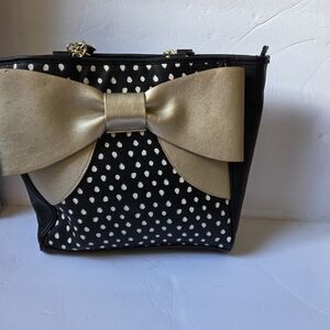 Betsey Johnson Large Bow tote, gold bow, black/white polka dot